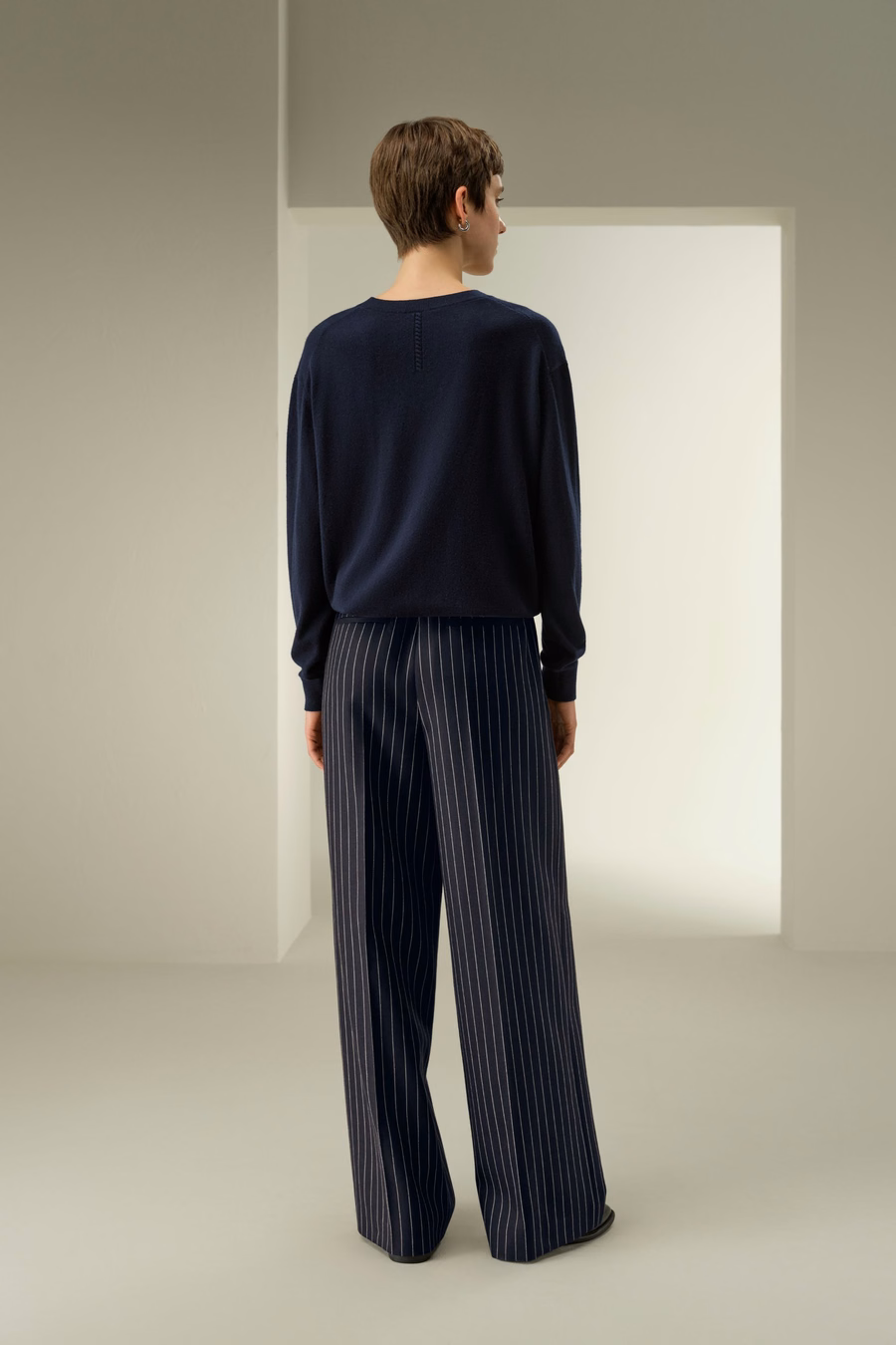 Pantaloni a gamba larga a righe in misto lana