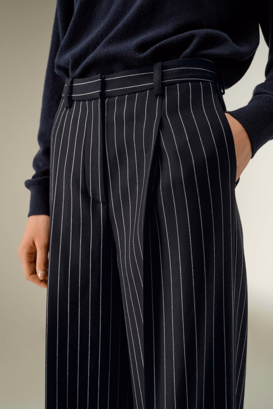 Pantaloni a gamba larga a righe in misto lana