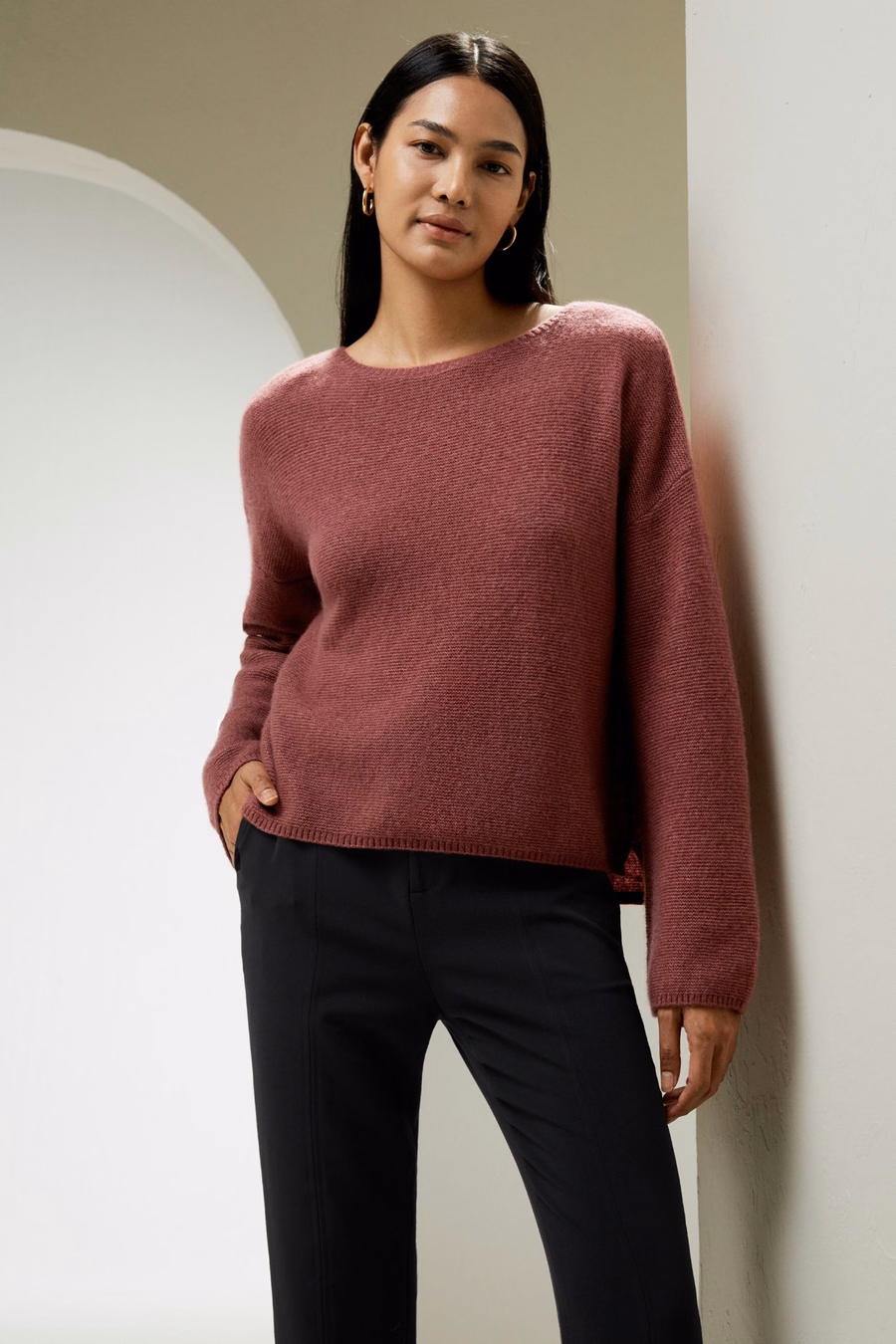 Felpa con Scollo Ribassato in Mistura di Seta e Cashmere con Vestibilità Relaxed