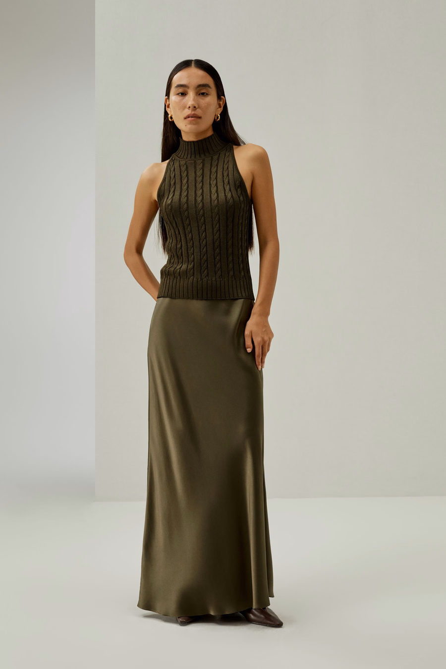 Top Senza Maniche a Collo Alto in Maglia Cable-Knit Classica