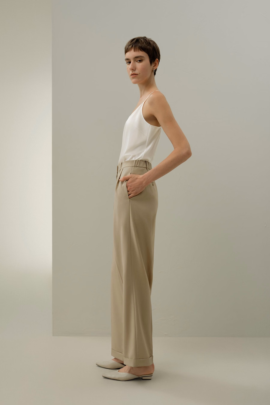 Pantaloni dritti in lana e seta