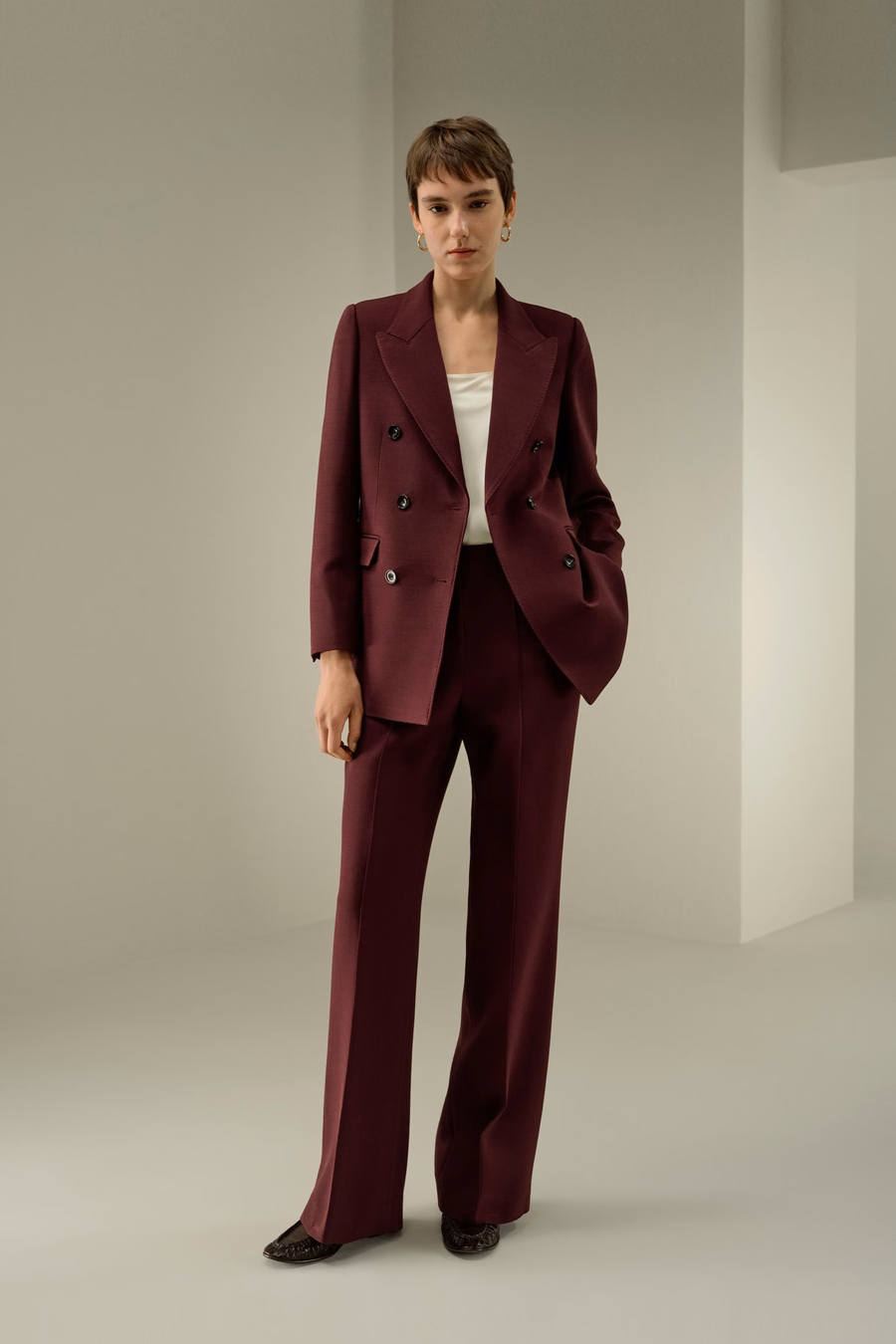 pantaloni a campana in twill di seta e lana