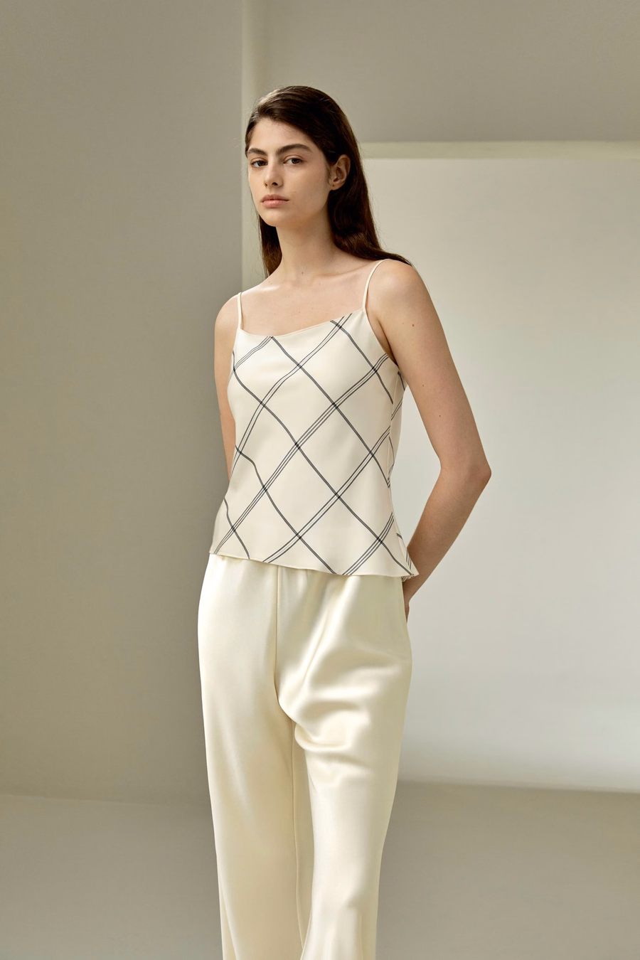 Canotta in twill di seta a quadri