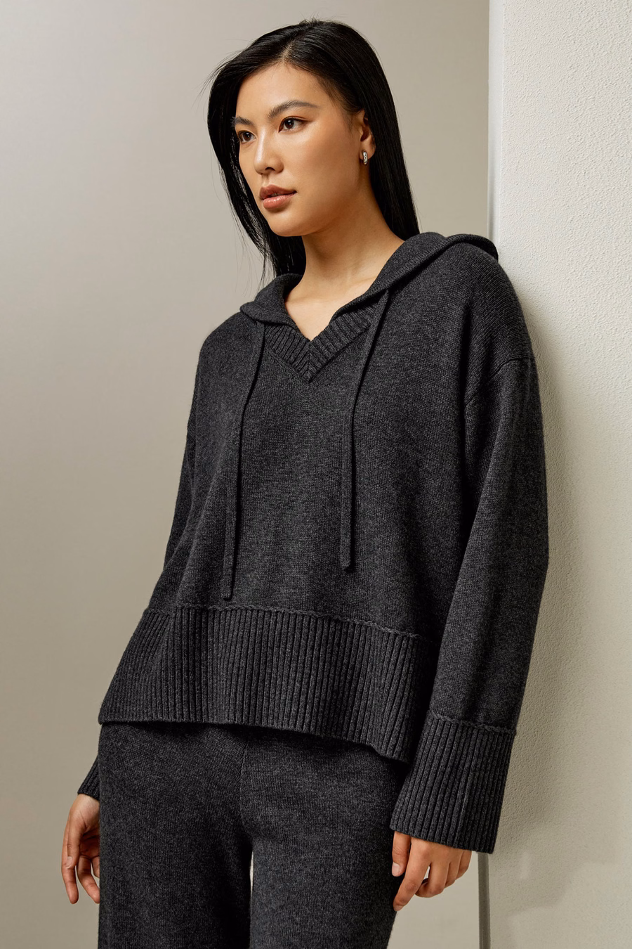 Felpa con cappuccio in misto lana e cashmere a V