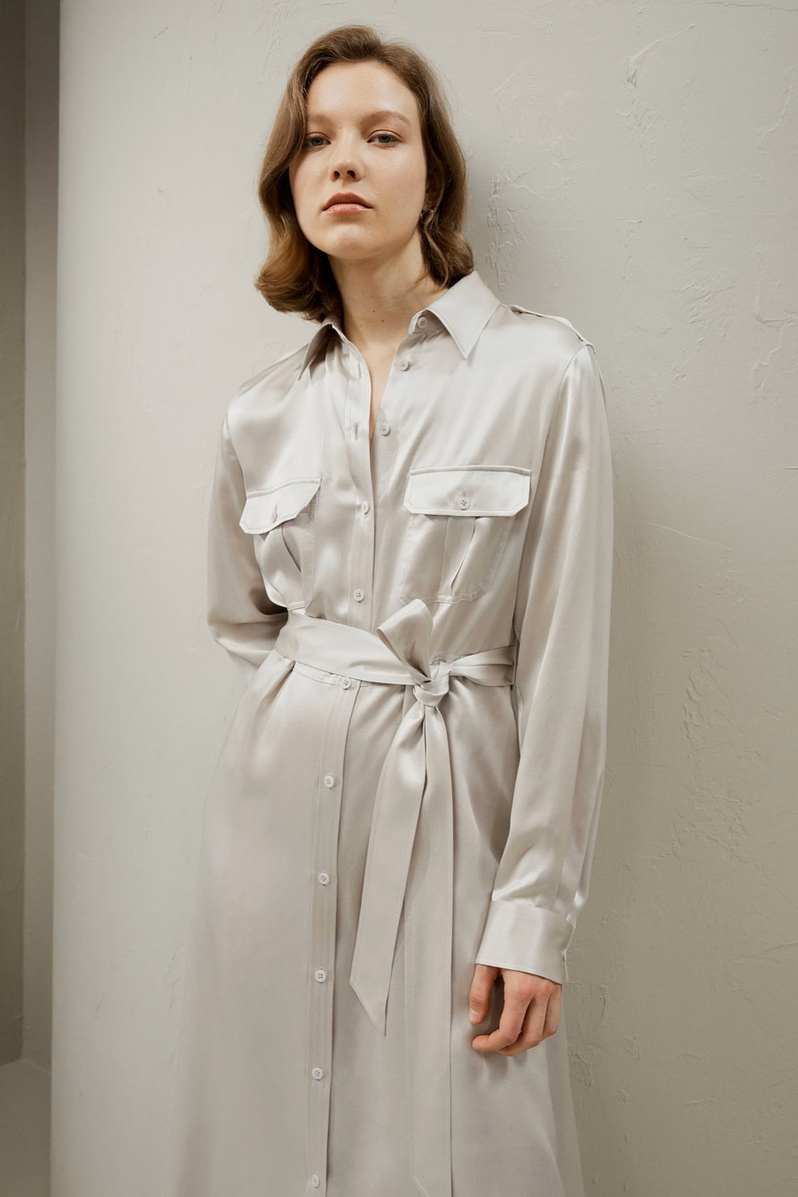 Abito Camicia Midi in Seta Stile Trench