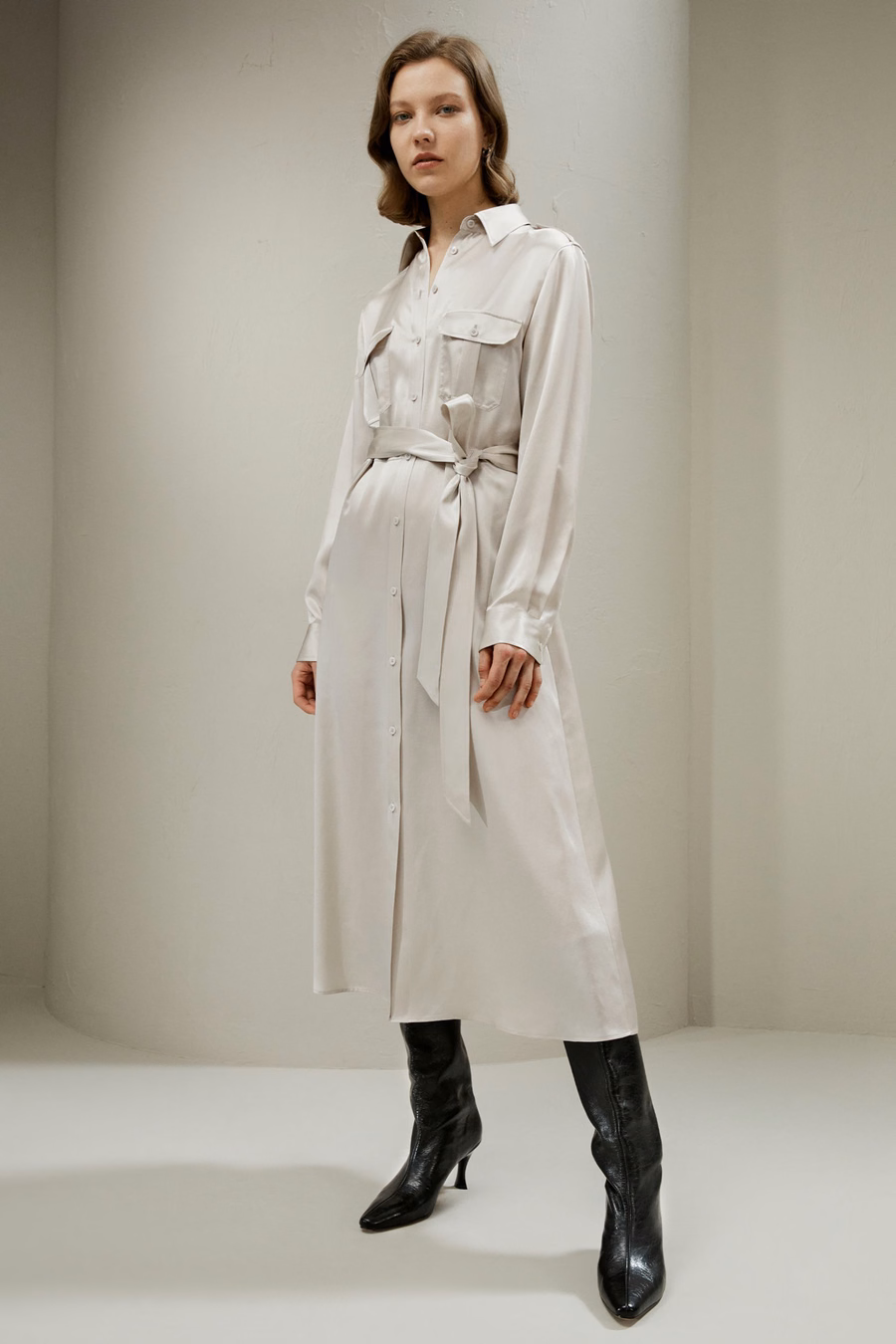Abito Camicia Midi in Seta Stile Trench
