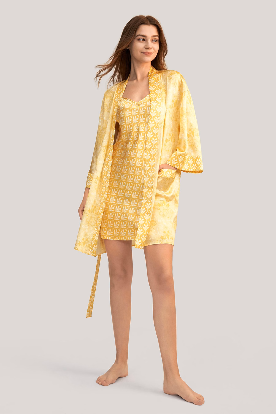 Robe Kimono in Seta Lillà Dorata