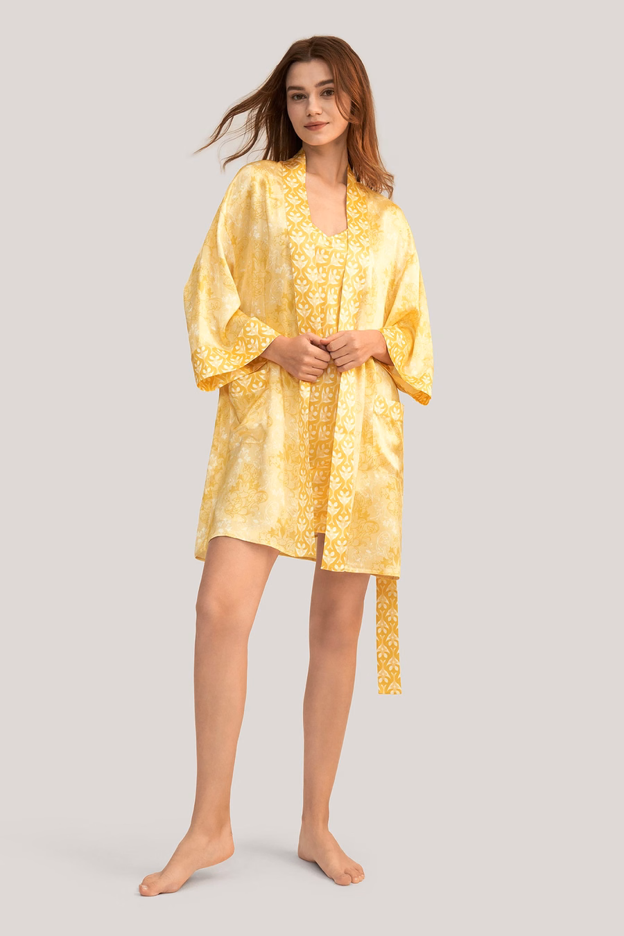 Robe Kimono in Seta Lillà Dorata