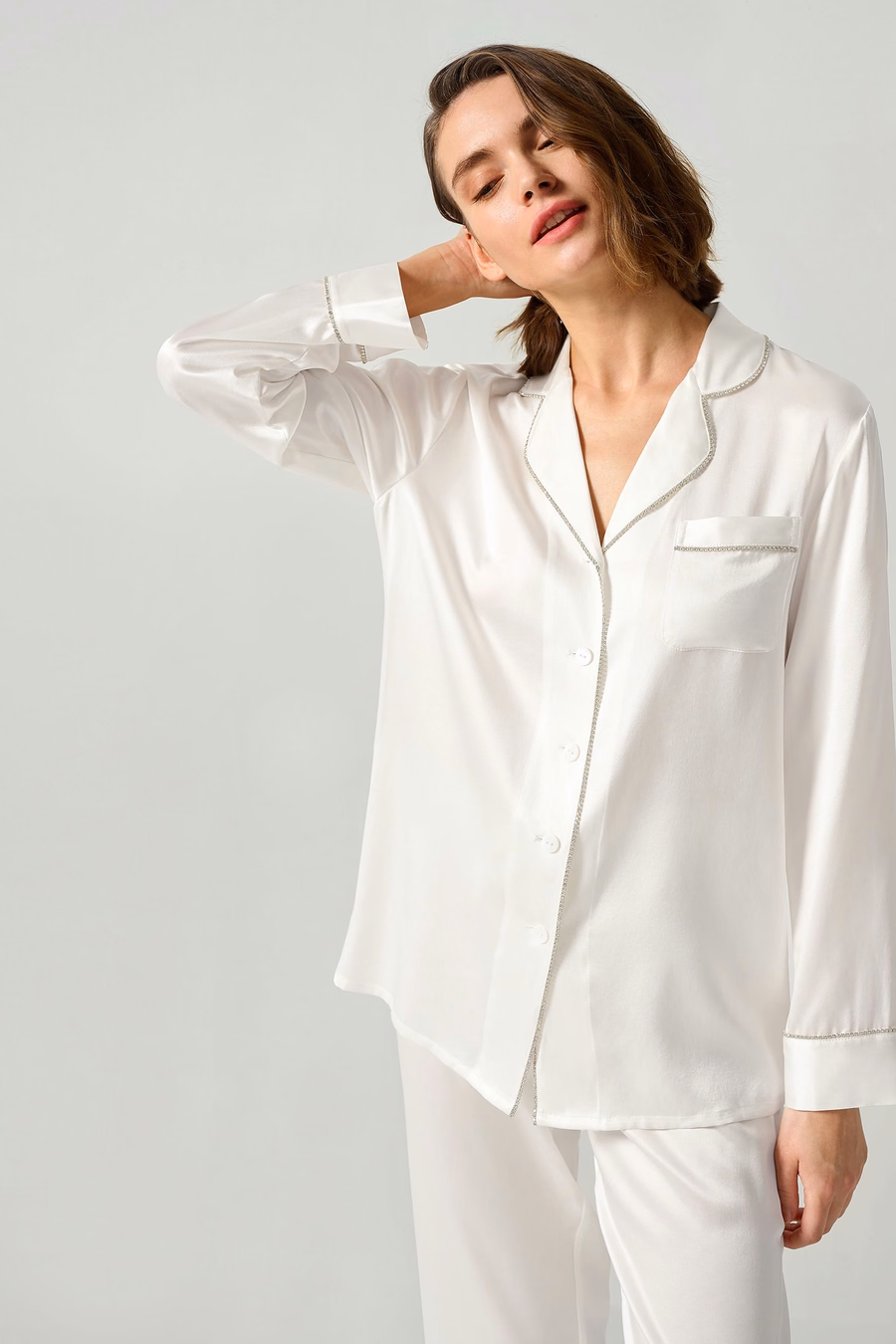 Set di Pigiama da Donna in Seta con Bordo di Strass
