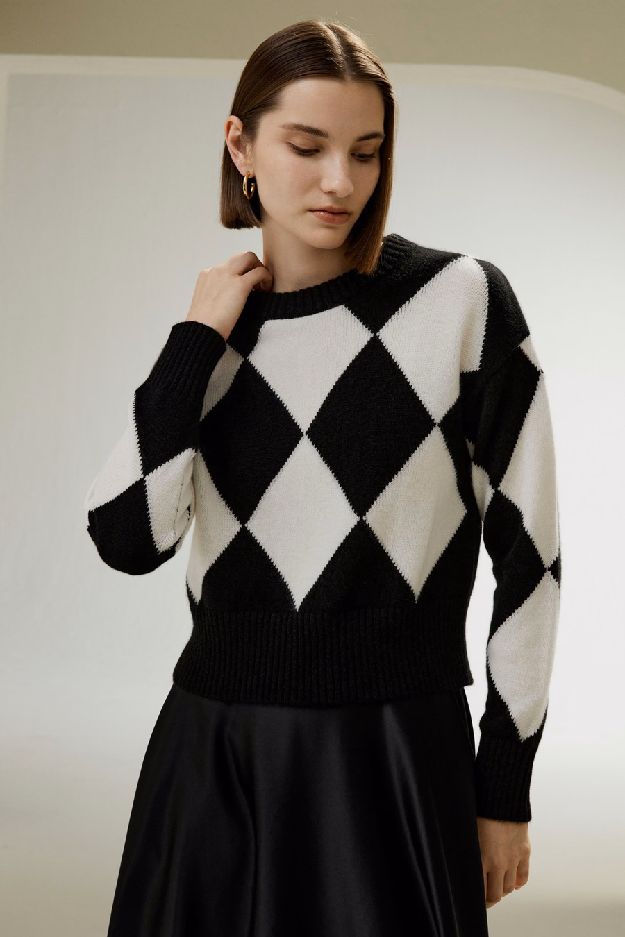 Maglione in Cashmere a Collo Rotondo con Motivo a Diamante