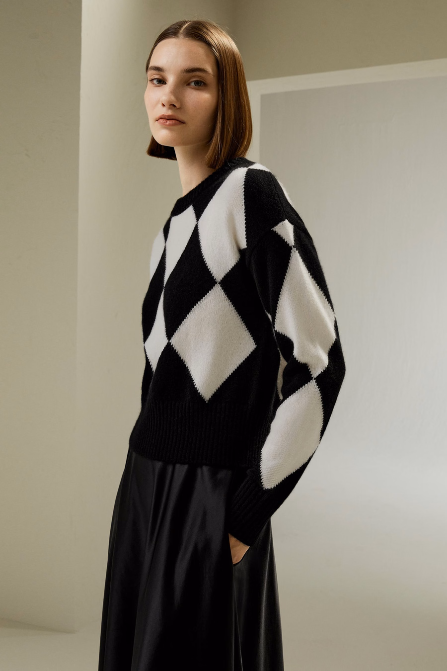 Maglione in Cashmere a Collo Rotondo con Motivo a Diamante