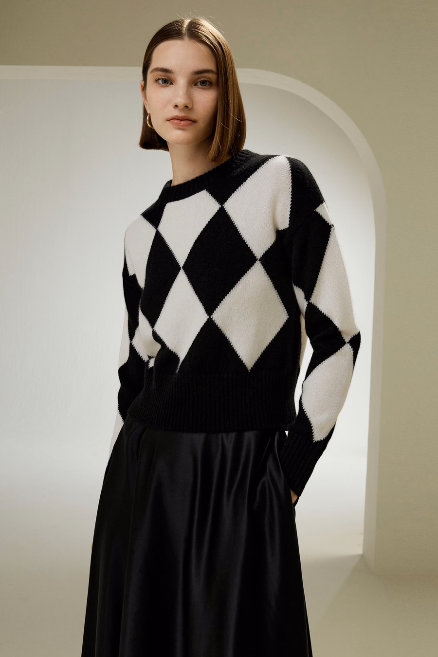 Maglione in Cashmere a Collo Rotondo con Motivo a Diamante