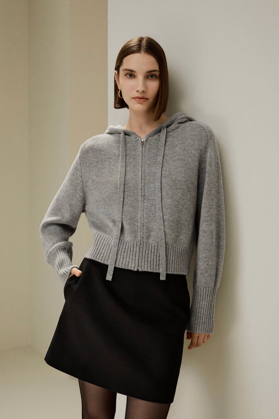 Felpa corta in lana e cashmere con zip