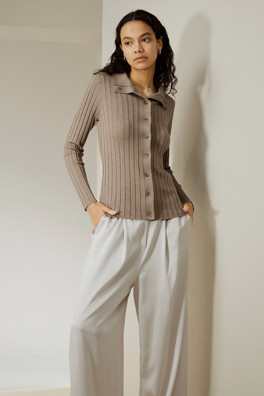 Cardigan in Mistura di Seta e Cashmere a Coste
