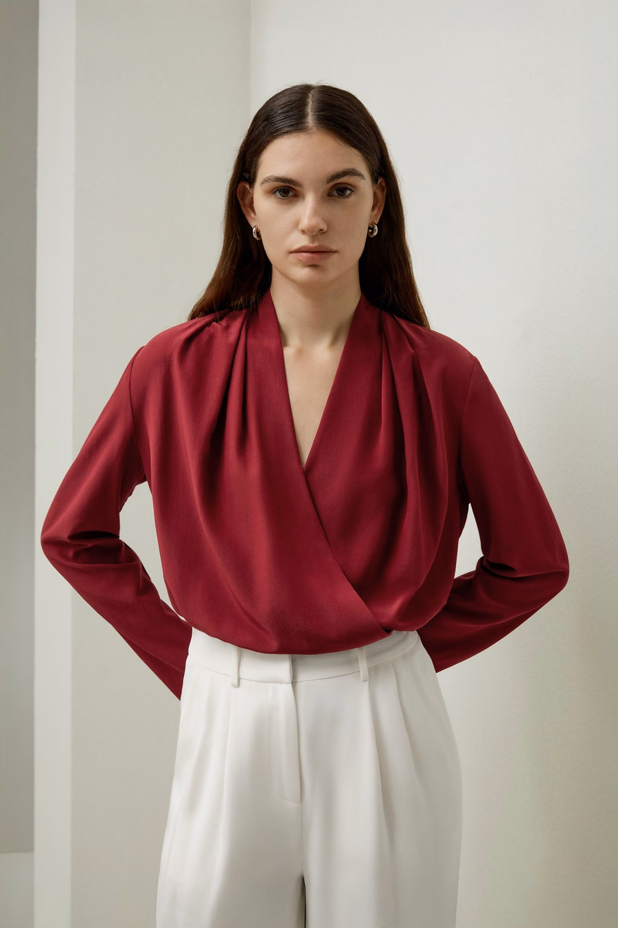 Blusa a maniche lunghe in Crêpe de Chine di seta
