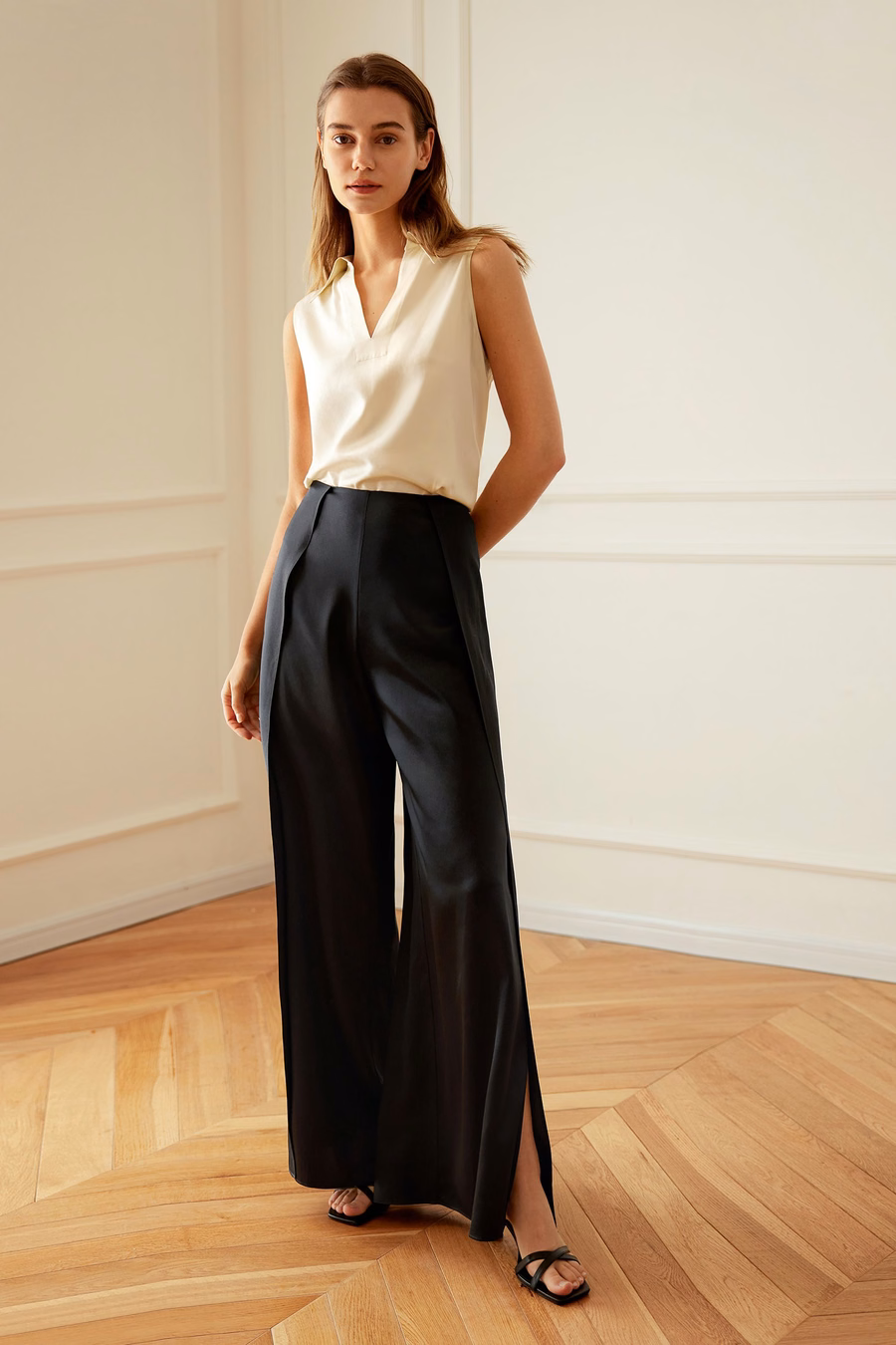 pantaloni in seta ginkgo a vita alta