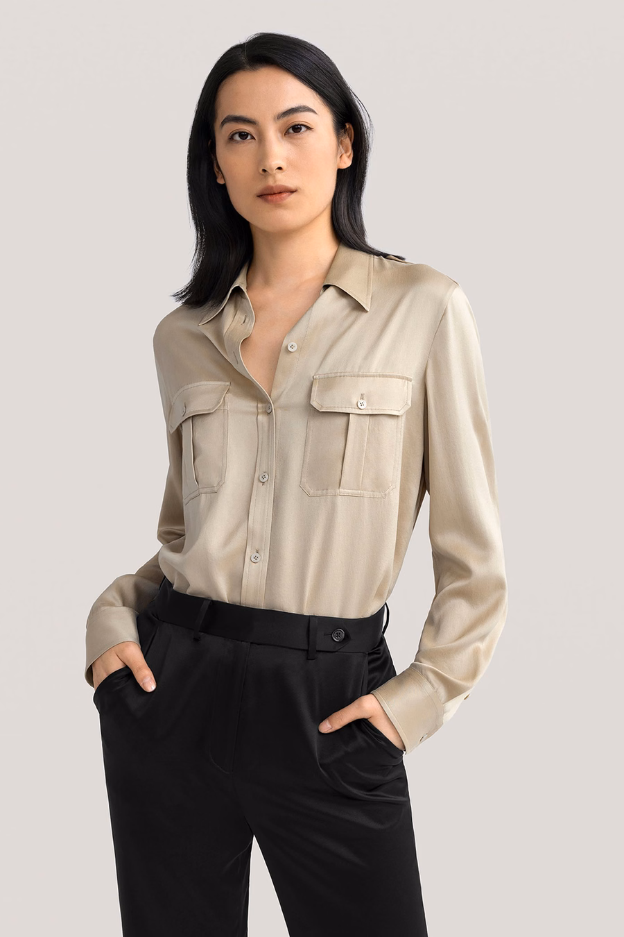 Camicia in seta sandwashed con epaulettes