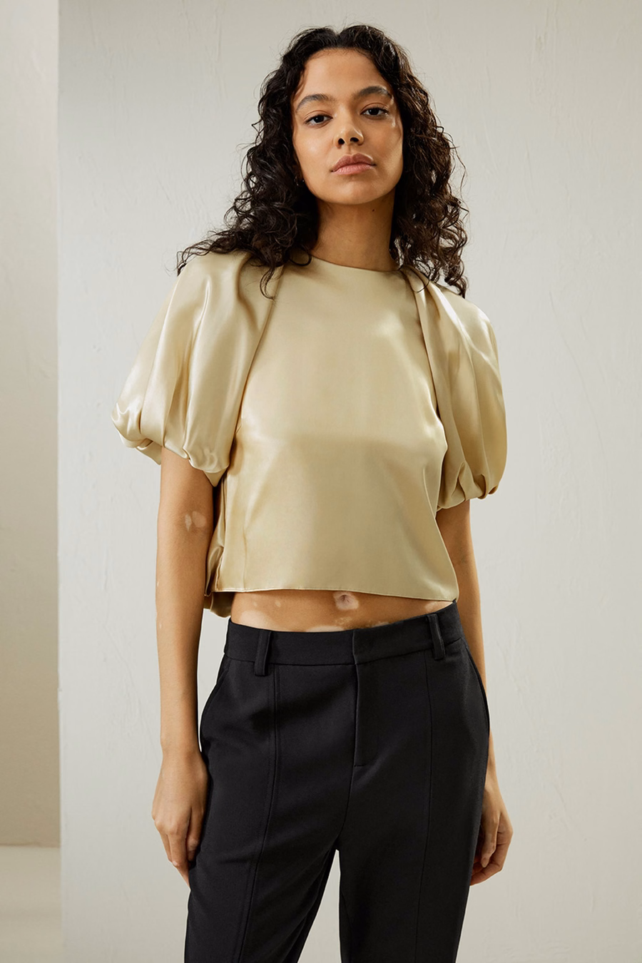 Top in seta Watershine con maniche a puff corte