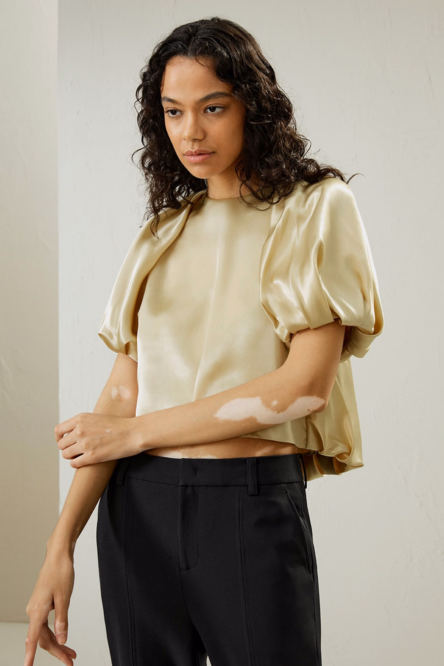 Top in seta Watershine con maniche a puff corte