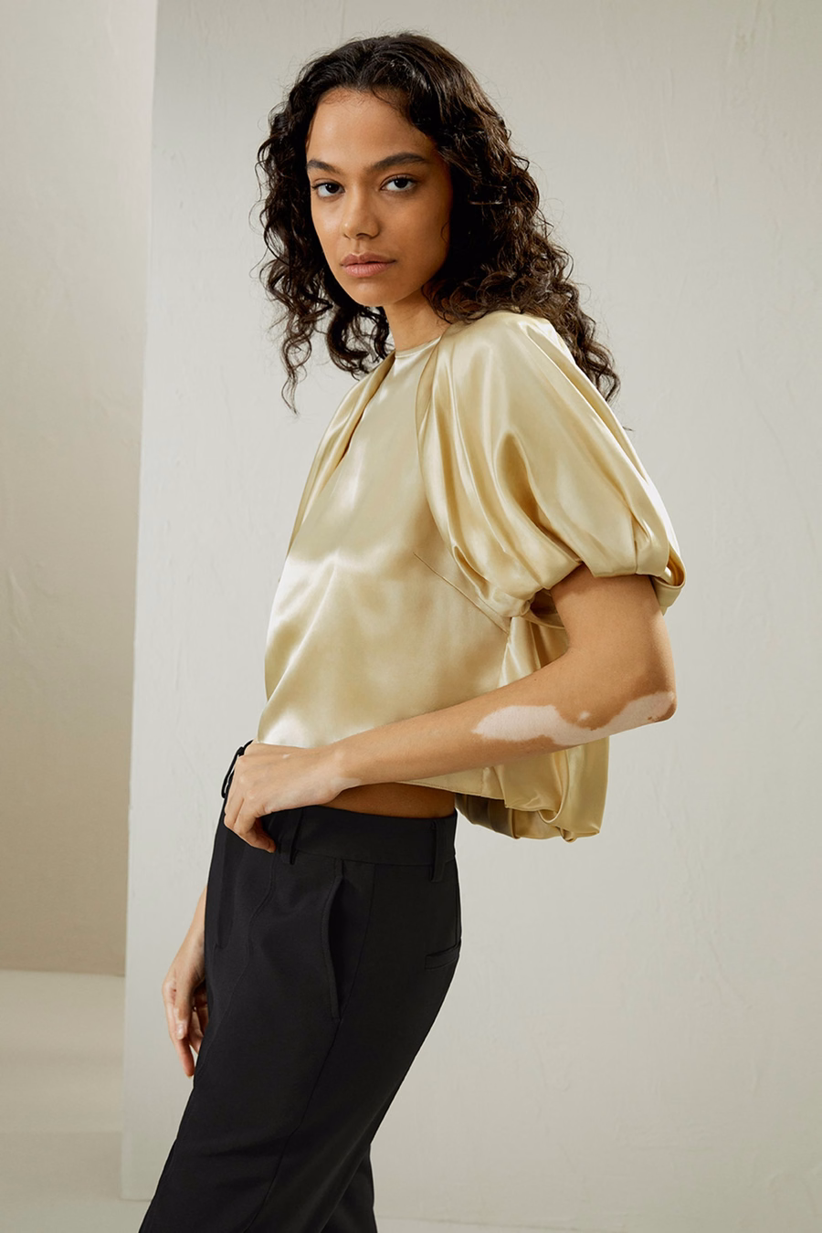Top in seta Watershine con maniche a puff corte