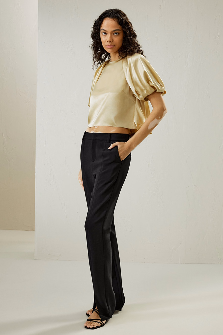 Top in seta Watershine con maniche a puff corte